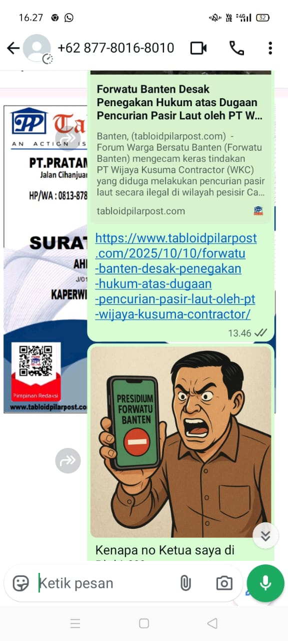 Oknum Pengusaha PT WKC Memblokir Nomor Jurnalis Saat Komfirmasi Terkai Pasir Laut