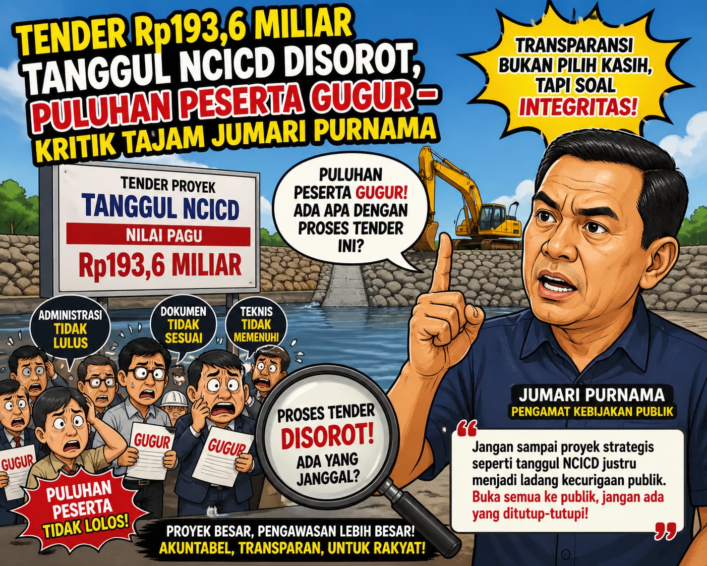Tender Rp193,6 Miliar Tanggul NCICD Disorot, Puluhan Peserta Gugur – Kritik Tajam Jumari Purnama