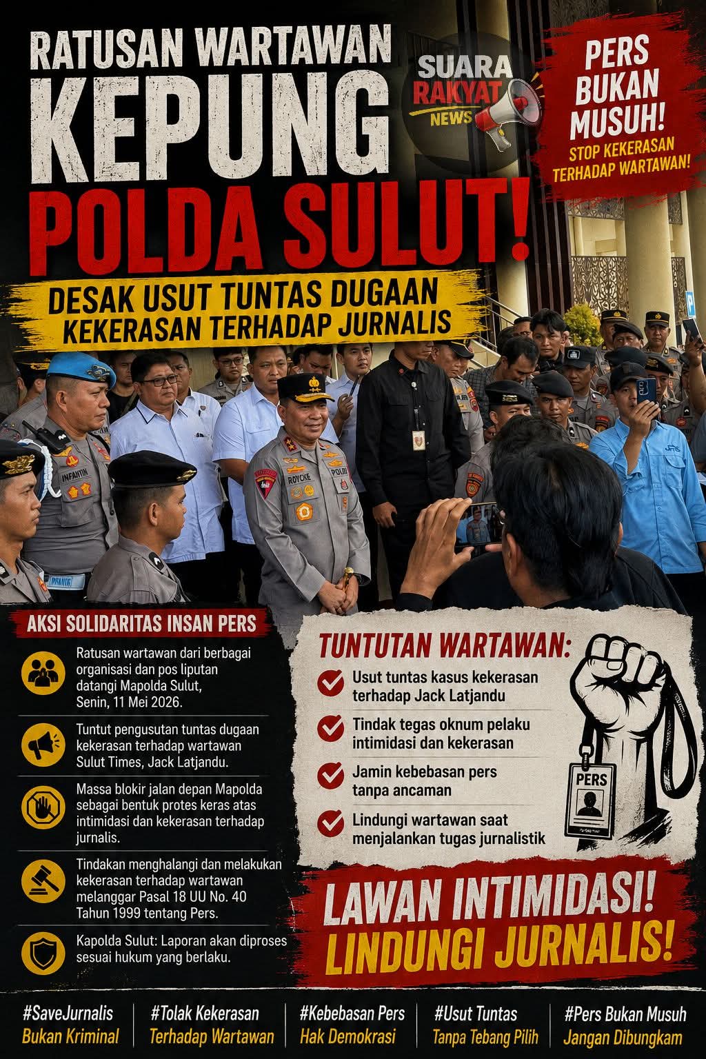 PERS BUKAN MUSUH. Ratusan Wartawan Kepung Polda Sulut, Desak Usut Tuntas Dugaan Kekerasan